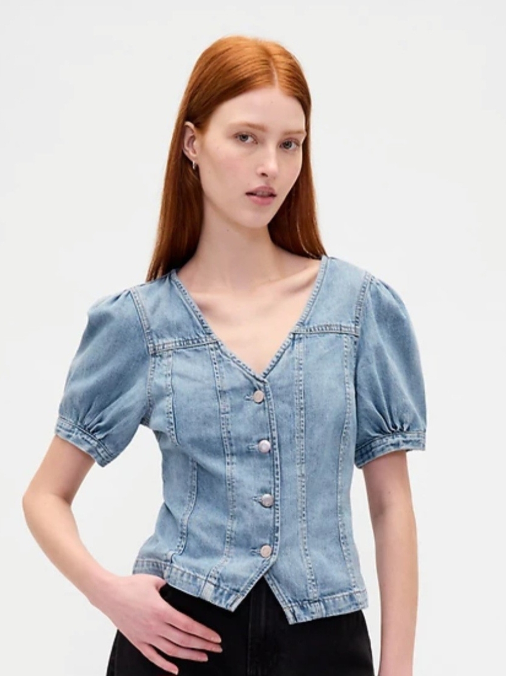 GAP Light Blue Denim Button-Front V-Neck Top